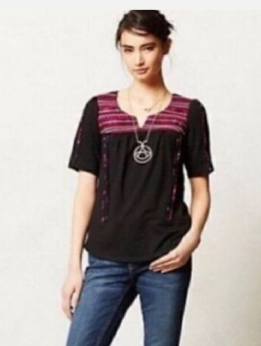 Anthropologie Bohemian Embroidered Black Top with Magenta Accents, S